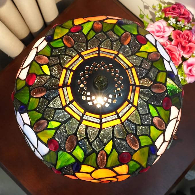 Tiffany Style Stained Glass Lamp Red Orange Purple Pink Rose Table Lamp Bedroom Bedside Reading Desk Light for Living Office Retro Unique Cute Accent Decor 12" Village Gift Nightstand Lamps