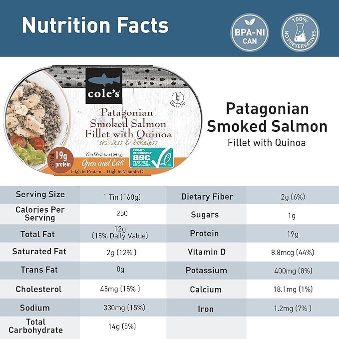 COLE’S - Patagonian Smoked Salmon Fillet with Quinoa| Ready to Eat Meal | 5.6 oz Hand-Packed Canned Fish | 19g Protein | High in Vitamin D | 24 pack