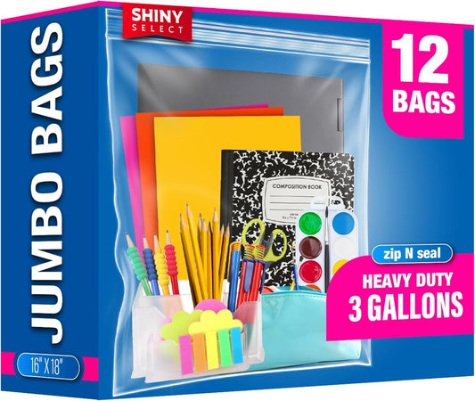 Extra Large Plastic Storage Bags With Zipper Top 3 Gallon 16" x 18" Jumbo Size Bag Heavy Duty 3 Mil Thick Clear X-Large Big Zip Bags for Food Freezer Clothes Travel Moving (12)