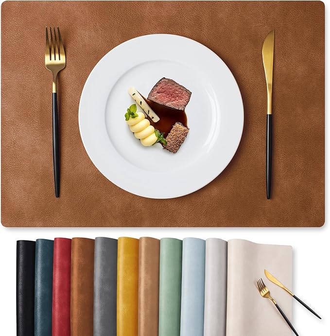 MOSAYT Vinyl Placemats Set of 8-12 X 17 Inch - Winter Faux Leather 100% Waterproof Oil-Proof Wipeable PU Place Mats, Heat Resistant Reversible Table Mats for Kitchen, Dining, Outdoor (Reddish Brown)