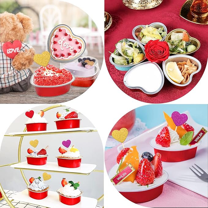 Heart Shaped Cake Pans Valentine Aluminum Mini Cake Pans with Lids for Baking 30 Packs 3.4 Ounces Disposable Cupcake Cup Pan Baking Pans for Valentine Mother's Day Wedding Birthday Baking Supplies