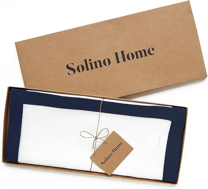 Solino Home Linen Table Runner 120 Inches Long - Navy and White 100% Pure Linen 14 x 120 Inch Table Runner for Dining, Christmas, Holiday, Winter, New Year - Classic