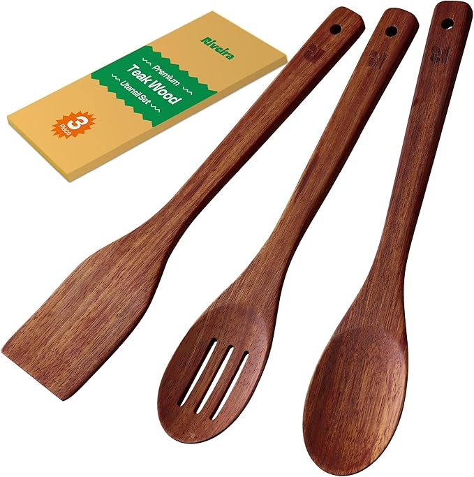 Riveira Teak Wooden Spoons for Cooking Set of 3 – Natural Teak Wooden Cooking Utensils, Wooden Spatula, Wooden Spoon - Premium Quality Utensil Set for Non-Toxic Cooking