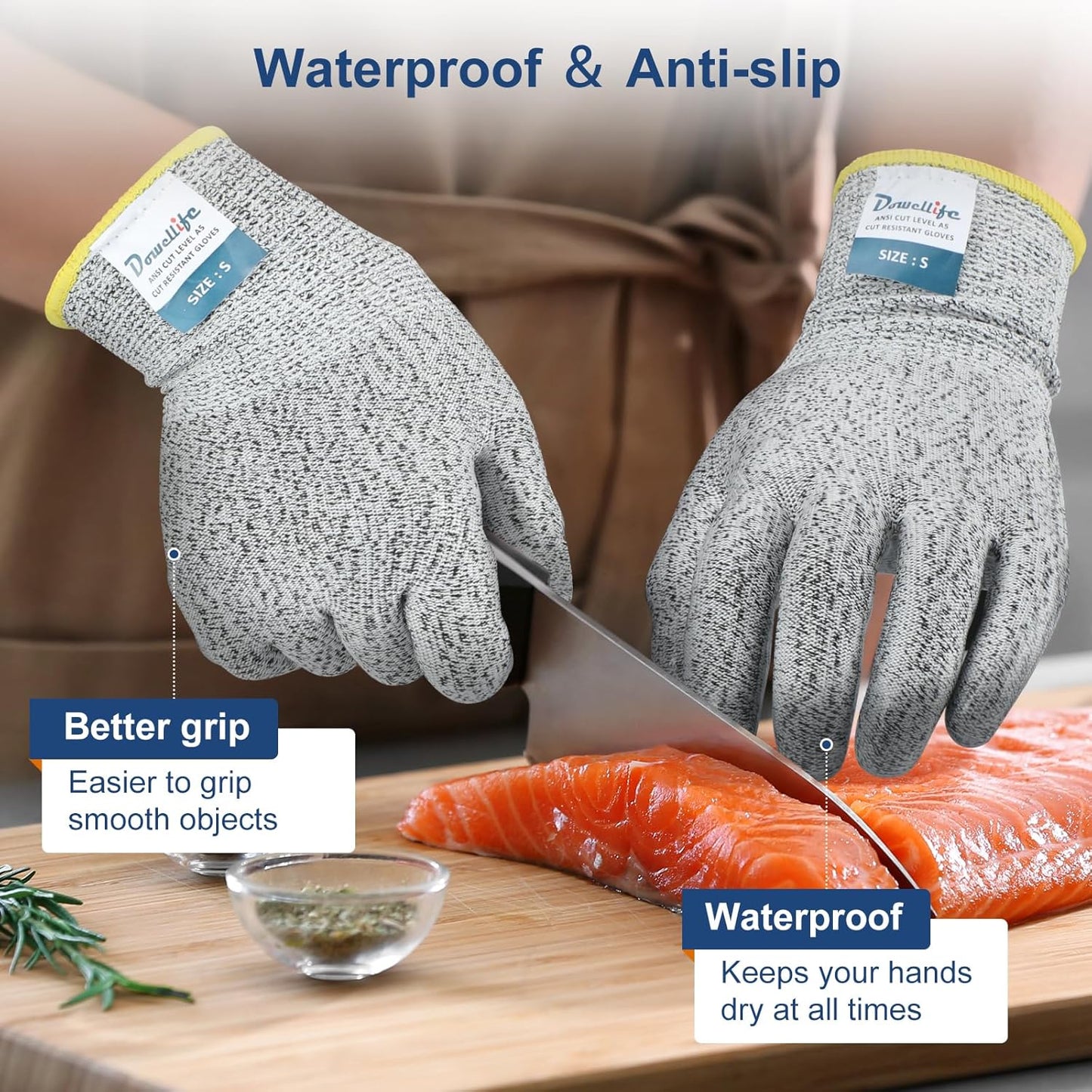 Dowellife Level 5 Cut Resistant Gloves with Silicone Coating, Food Grade Kitchen Knife Safety Gloves, Work Gloves for Chef, Mandoline Oyster Shucking Meat Cutting Wood Carving (Gray Small)