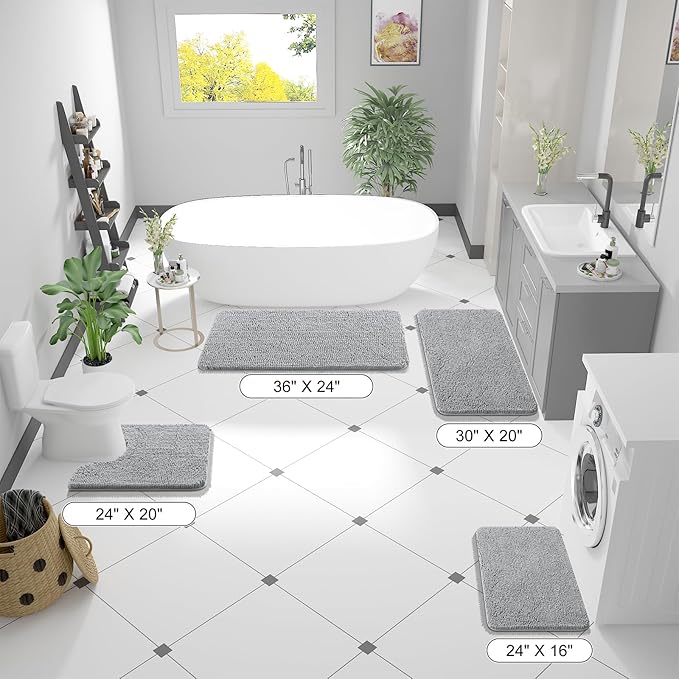 OLANLY Bathroom Rugs 70x24, Extra Soft Absorbent Chenille Bath Rugs, Rubber Backing Quick Dry, Machine Washable Bath Mats for Bathroom Floor, Tub and Shower, Home Decor Accessories, Light Grey