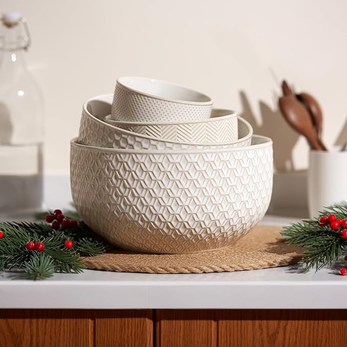 KooK Ceramic Mixing Bowls, Nesting Set of 4, Embossed Kitchen Dishware, Prep, Serving, Gift, Microwave and Dishwasher Safe, 20/44/98/145 oz, Narbonne Collection (Ivory)