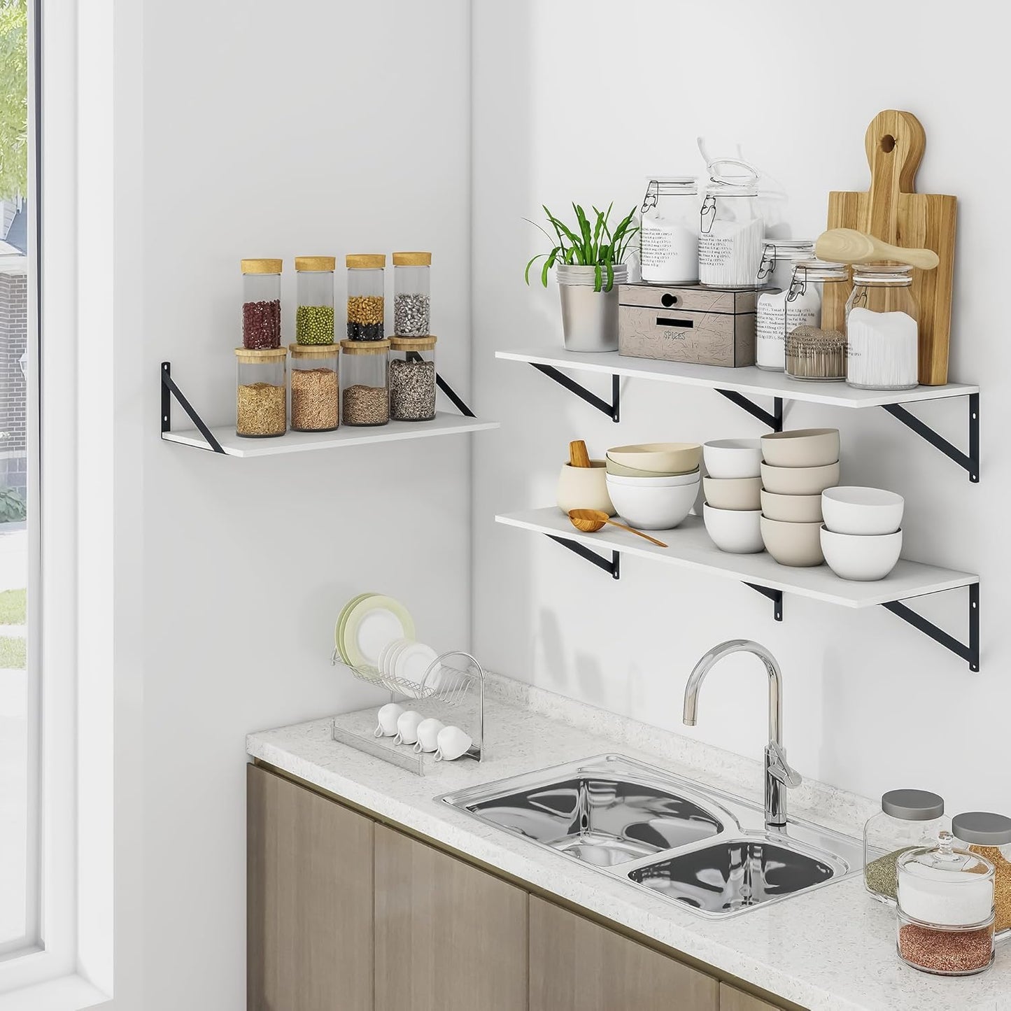 Heimlove White Deep Floating Shelves for Wall, 24W x 12D Wood Wall Shelves Set of 2, Wide Floating Bookshelf for Living Room, Kitchen, Office, Bedroom and Decor Storage, with Black Bracket - White