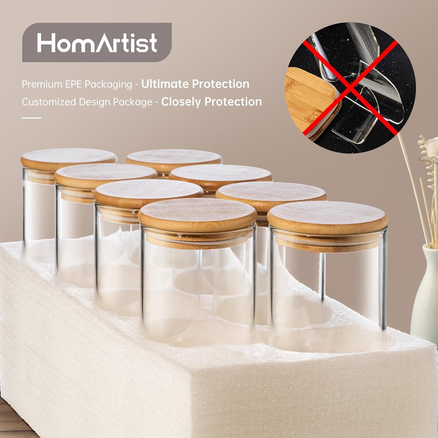 42oz - 4 Pack Square Glass Jars with Bamboo Lids, Glass Food Storage Containers with Airtight Lids for Kitchen, Air Tight Pantry Storage Containers for Cereal, Pasta, Rice, Sugar, Coffee, Spice