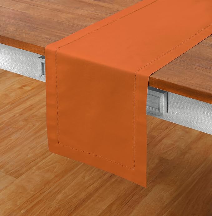 Solino Home Cotton Linen Table Runner 60 Inches - Pumpkin Hemstitch Table Runner 14 x 60 Inch Ideal for Dresser and Coffee Tables - Holiday