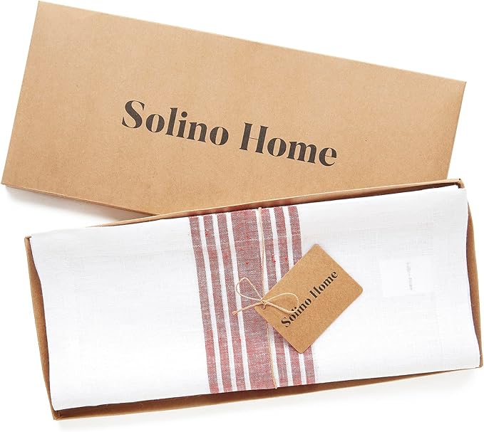 Solino Home Linen Table Runner 60 Inches - 100% Pure Linen Burgundy and White Farmhouse Table Runner 14 x 60 Inch Ideal for Dresser and Coffee Tables - Christmas, New Year