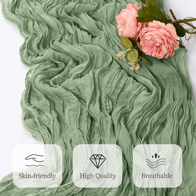 12 Pack Sage Green Cheesecloth Table Runner 17x108 Inch Semi Sheer Boho Gauze Cheese Cloth Fabric Table Runners, for Wedding Party Baby Shower Birthday Home Decor Garden Farmhouse