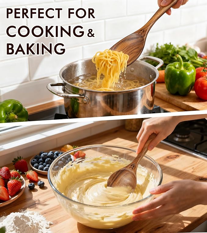 Wooden Spoons for Cooking, 9 Pcs Natural Teak Wooden Utensil Set with Spoon Rest, Comfortable Grip Wooden Cooking Utensils Set with Holder for Nonstick Cookware, Sturdy, Lightweight & Heat Resistant