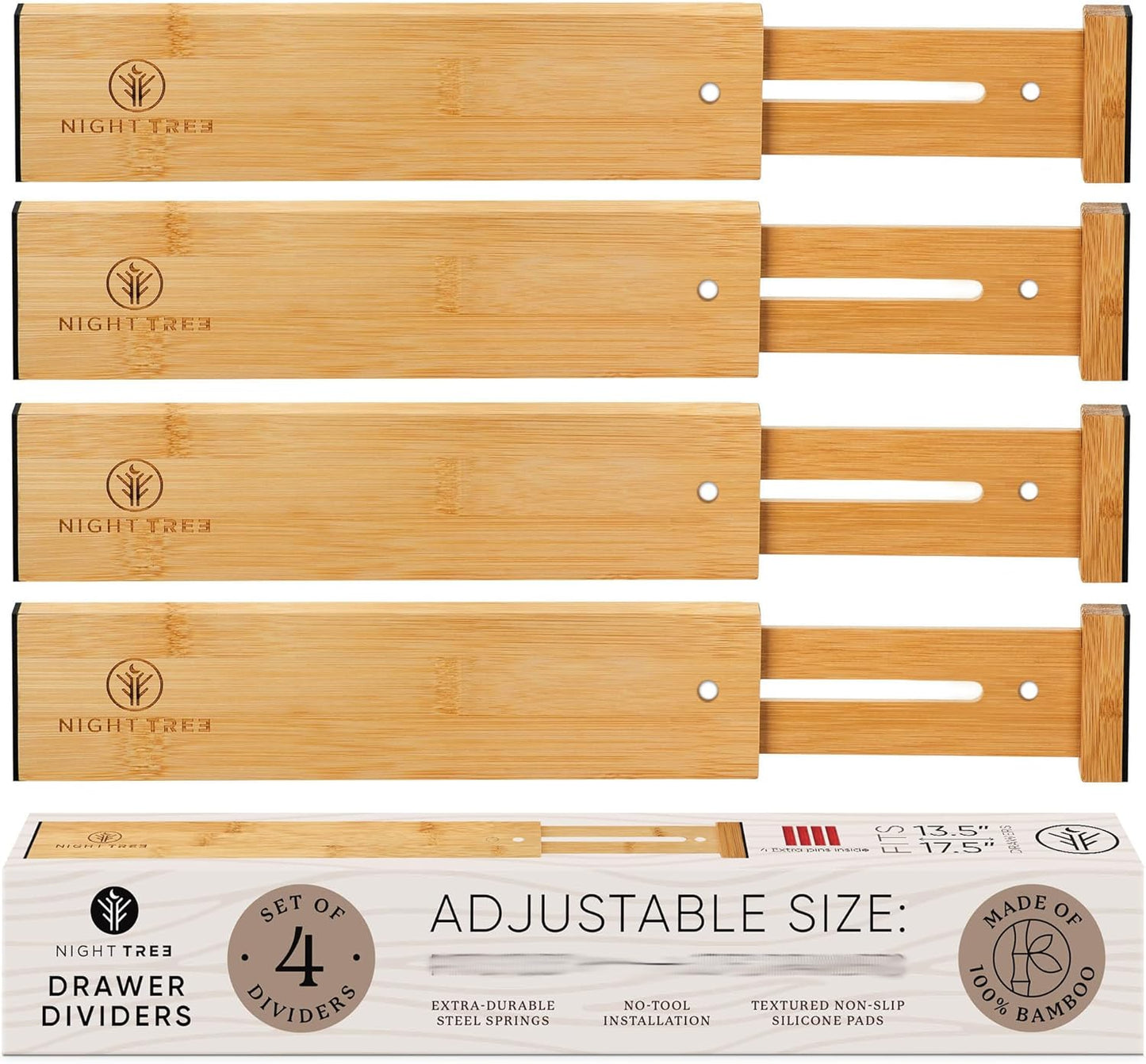 Night Tree Expandable Bamboo Drawer Dividers – Spring-Loaded Wooden Organizers for Clothes, Kitchen Utensils, Bathroom, and Dresser Drawers (14.5" to 16.5")