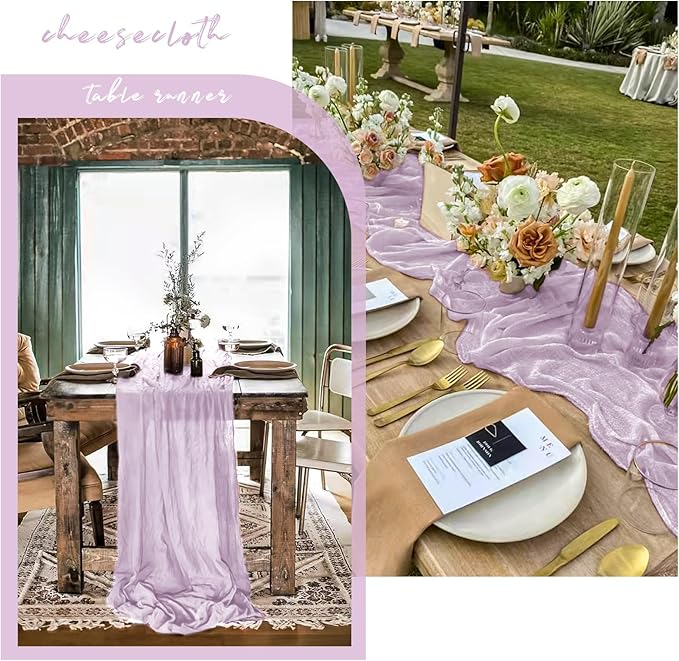 12 Pack 10Ft Lilac Cheesecloth Table Runner 35 x 120 inch Boho Gauze Cheese Cloth Table Runner Vintage Rustic Sheer Runners for Wedding Bridal Shower Birthday Party Cake Table Decorations