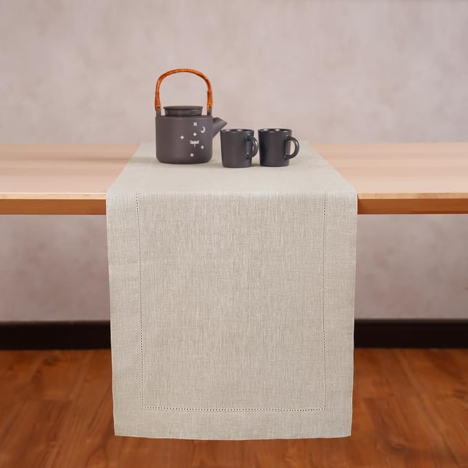 Home Ekaa Linen Light Natural Table Runner 72 Inches - 100% Pure Linen Cloth Fabric Hemstitch Table Runner 14 x 72 Inch for Dining, Dresser, Thanksgiving, Fall Christmas - Lino