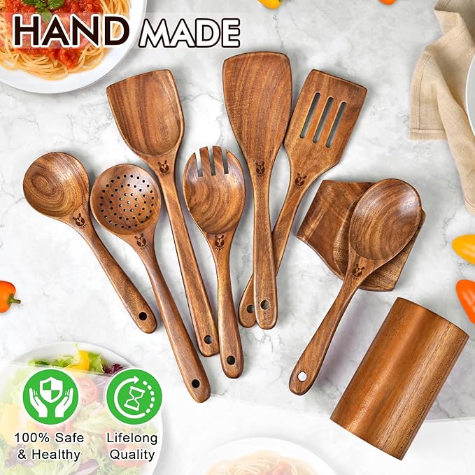Wooden Spoons for Cooking, 9 Pcs Natural Teak Wooden Utensil Set with Spoon Rest, Comfortable Grip Wooden Cooking Utensils Set with Holder for Nonstick Cookware, Sturdy, Lightweight & Heat Resistant