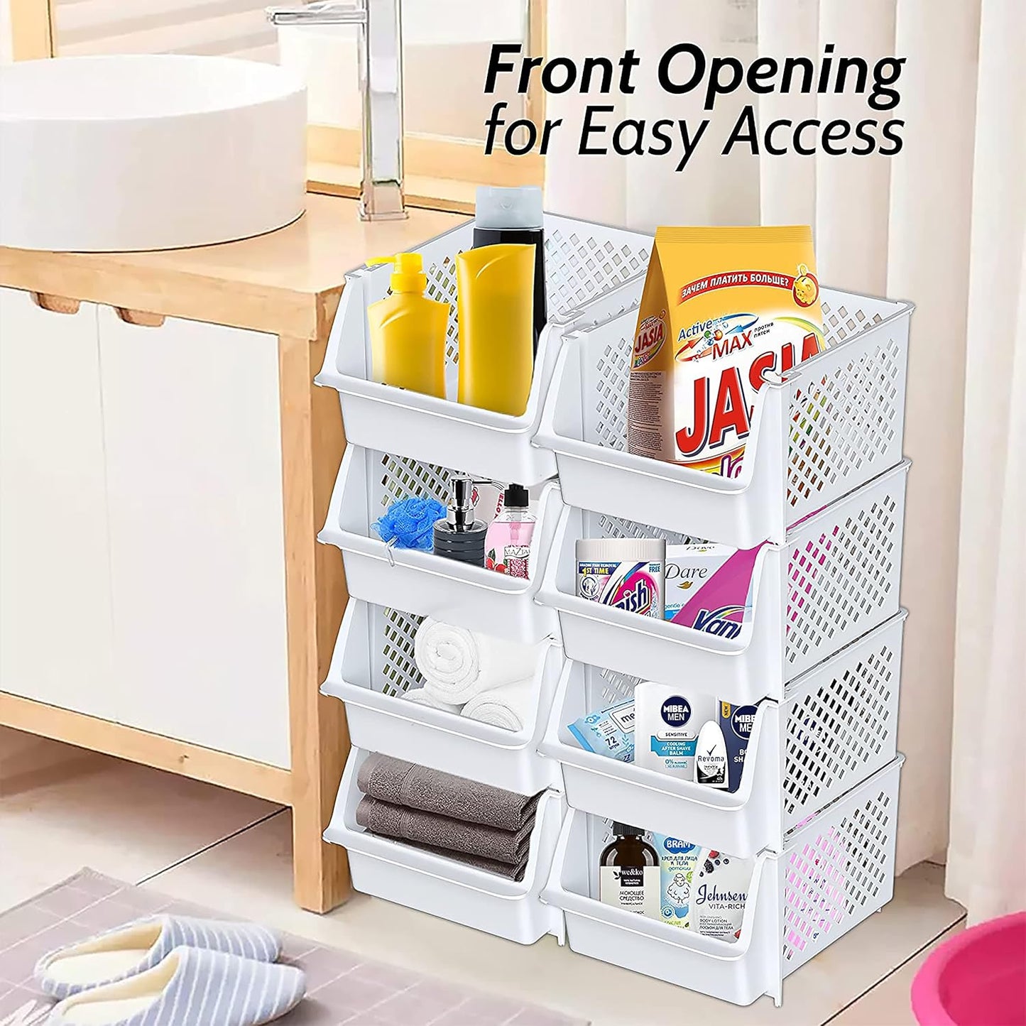 TidyFriend Stackable Storage Bins for Pantry, 4 Pack Stackable Bins For Organizing Food, Kitchen, and Bathroom Essentials (White)