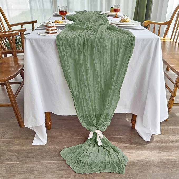 IVAPUPU 4 Pcs Cheesecloth Table Runner - 10ft Sage Green Boho Gauze Cheese Cloth Table Runners for Baby Shower Decoration Wedding Party Summer Garden Farmhouse