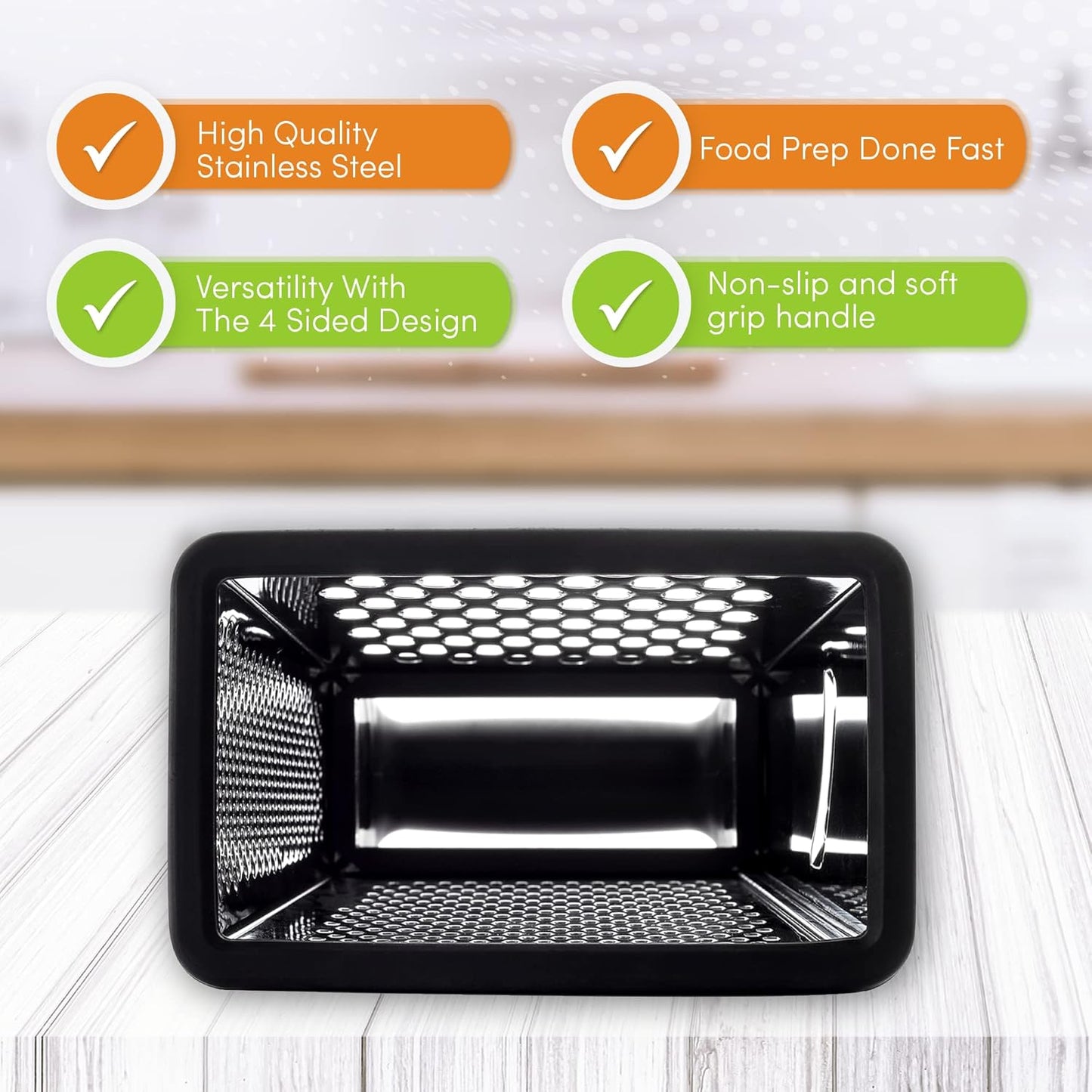 Spring Chef Professional 10" Parmesan Cheese Grater With Container, Stainless Steel & Soft Grip Handle, 4 Sided Kitchen Cheese Shredder, Handheld Box Grater for Vegetables, Potato, Carrot - Black