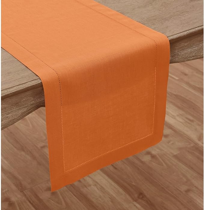 Solino Home Linen Pumpkin Hemstitch Table Runner 36 Inches - 100% Pure Linen Small Table Runner 14 x 36 Inch Ideal for Dresser and Coffee Tables - Classic Hemstitch - Holiday