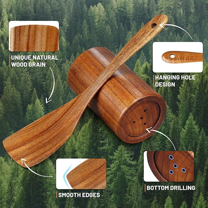 Unokit Cooking Utensils Set for Kitchen - 8 Piece Nonstick Natural Teak Wooden Spoons for Cooking, Comfort Grip Kitchen Utensils Set, Teak Wooden Utensil Set with Holder and Spoon Rest