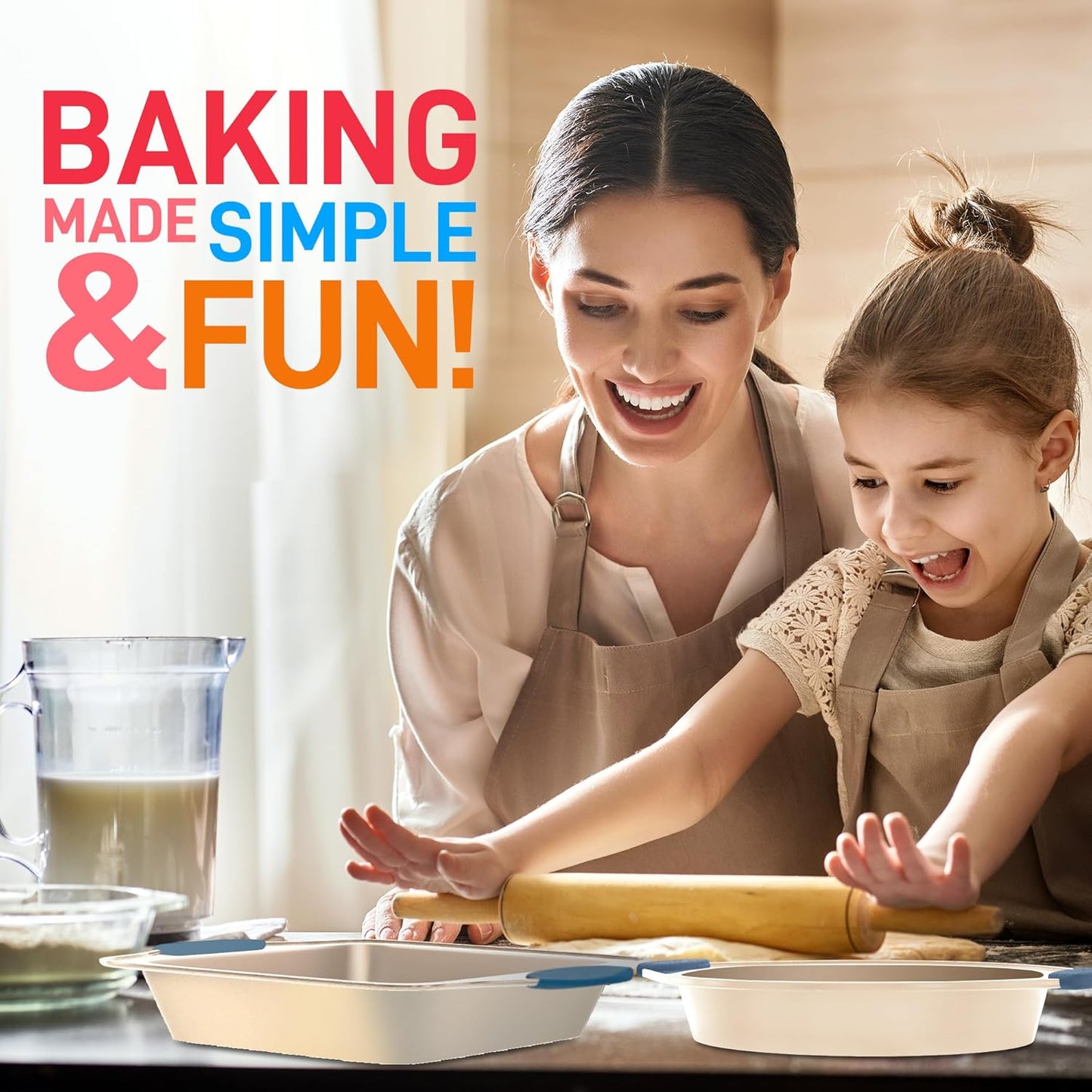 NutriChef 8-Piece Nonstick Bakeware Set - Heavy Duty Carbon Steel Baking Pans w/ Blue Silicone Handles - Pizza Crisper, Muffin & Loaf Pan, Round & Square Pans, Cookie Sheet - Champagne Gold