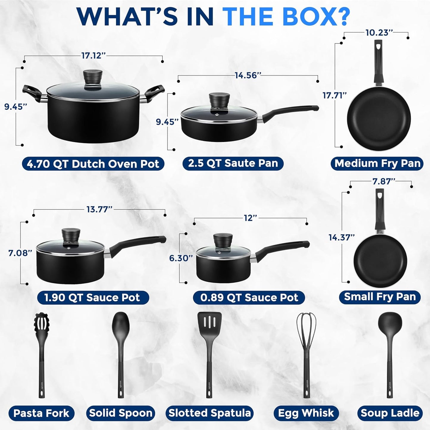 15-Piece Nonstick Kitchen Cookware Set - PTFE/PFOA/PFOS Free Heat Resistant Lacquer Kitchen Ware Pots Pan Set w/Bakelite Handles, Saucepan, Frying Pans, See-through Lid - SereneLife SLCW15BLK (Black)