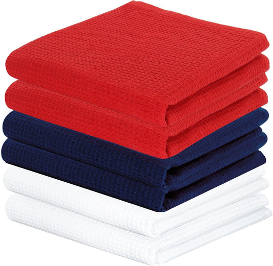PurpleEssences 4th of July Waffle Weave Kitchen Towel, 100% Cotton - 15 x 25 Inches, with Hanging Loop Ultra Soft Absorbent Quick Drying Dish Cloth, Tea & Hand Towels, 6 Pack Labor Day Red Blue White