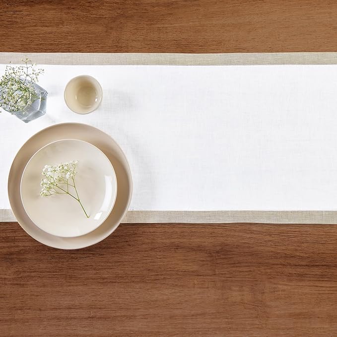 Solino Home Linen Table Runner 60 Inches - 100% Pure Linen Light Natural and White Short Table Runner 14 x 60 Inch Ideal for Dresser and Coffee Tables - Classic