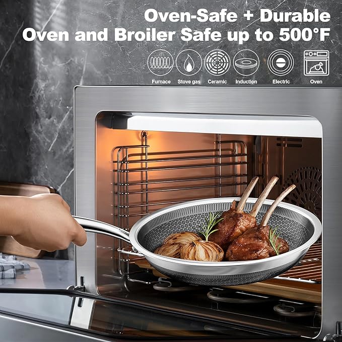 Fogdream 8” Non Stick Frying Pans, Stainless Steel Skillet with Lid, Tri-Ply Stainless Steel for All Cooktops, Dishwasher and Oven-Safe Cooking Pan, Stay-Cool Handle, Silver
