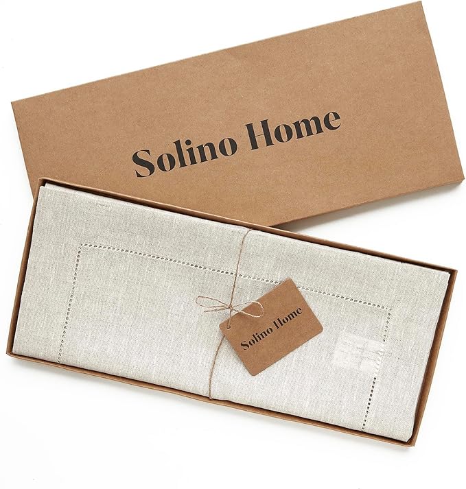 Solino Home Linen Light Natural Table Runner 132 Inches Long - 100% Pure Linen Extra Long Table Runner 14 x 132 Inch - Classic Hemstitch