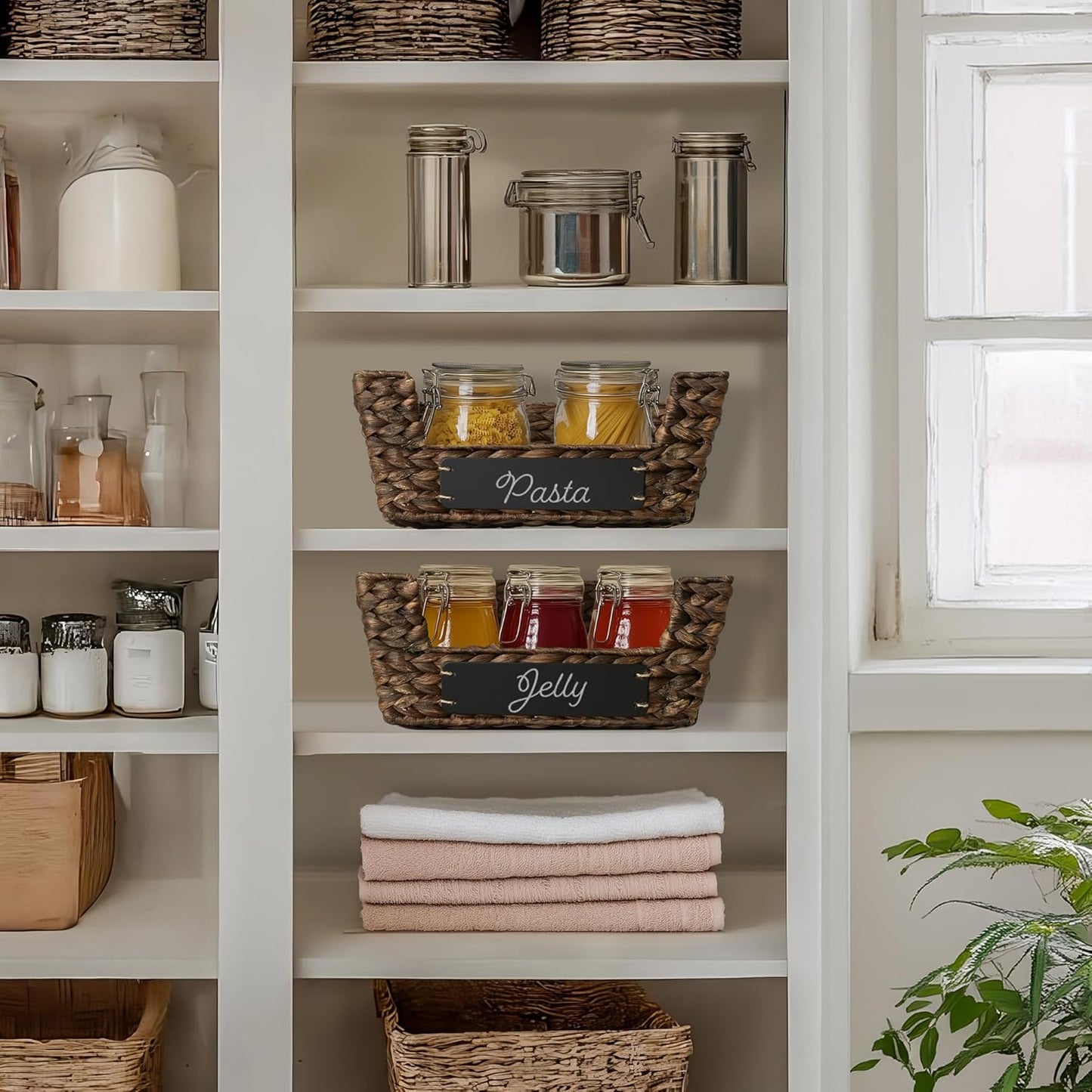 Casafield Set of 2 Water Hyacinth Pantry Baskets with Handles, Chalkboard Labels, and Marker - Espresso, Wide Woven Storage Bin Organizers for Kitchen Shelves
