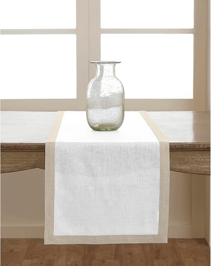 Solino Home Linen Table Runner 108 Inches Long - Natural and White 100% Pure Linen 14 x 108 Inch Table Runner for Dining, Christmas, Holiday, New Year - Classic