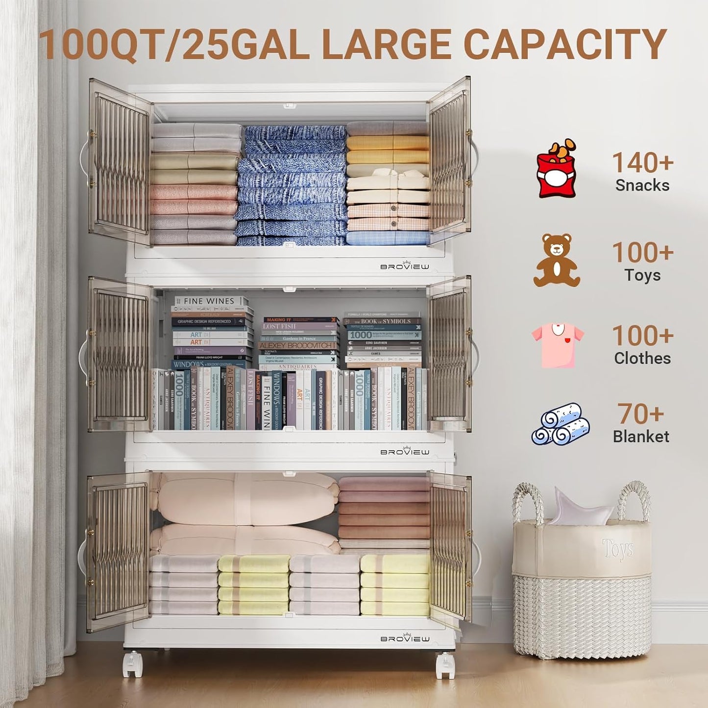 300Qt Stackable Storage Bins with Lid, Extra Large Closet Organizer Collapsible Drawer Boxes with Wheels, Folding Plastic Cabinet Containers for Home Kitchen Room Organization, 3Pack White