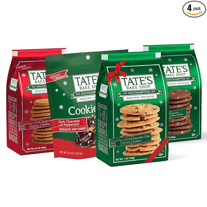 Tate's Bake Shop Holiday Cookies Variety Pack, Chocolate Chip, Toffee, and Gingersnap Cookies, plus Peppermint Bark, 4 Bags