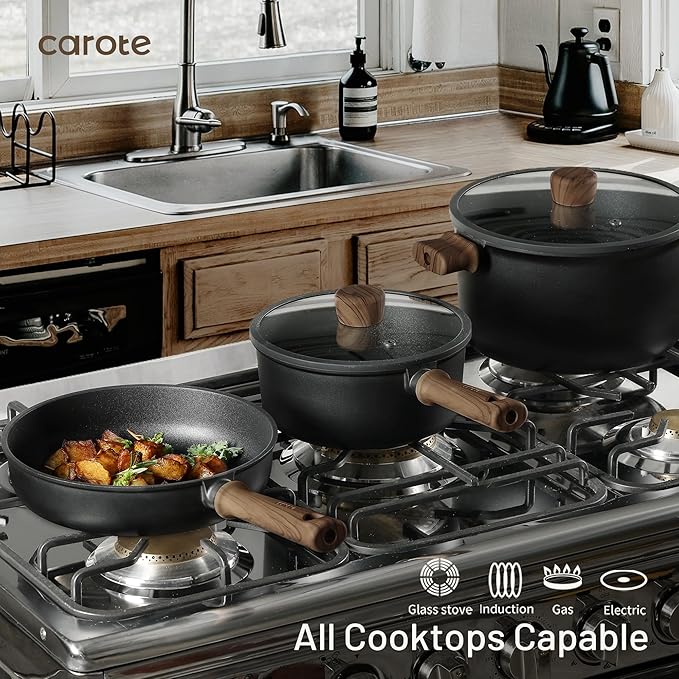 CAROTE 44pcs Nonstick Kitchen Cookware Sets, Nonstick Pots and Pans, Induction Cookware Set Kitchen Cooking Sets, Non Stick w/Frying Pan,Black