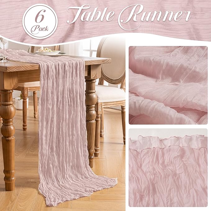 Leetaltree 6 Pack Dusty Pink Cheesecloth Table Runner, 35x120 Inch Boho Rustic Cheese Cloth Table Runner, Decorative Table Runners for Bridal Baby Shower Decorations or Wedding Table Decorations