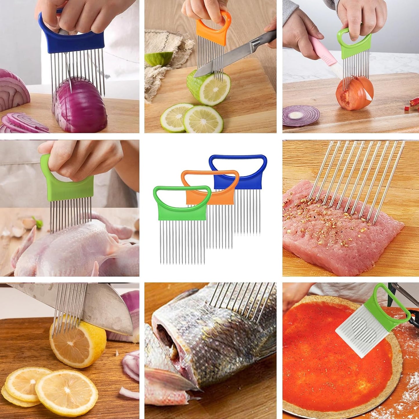 FANTEXY 3Pieces Onion Holder for Slicing, Stainless Steel Onion Cutter for Slicing, Potato Lemon Slicer Tomato Slicers Kitchen Comb for Vegetables, Fruit and Meat