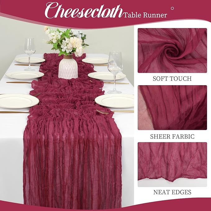 12 Pack 10Ft Burgundy Cheesecloth Table Runner 35 x 120 inch Boho Gauze Cheese Cloth Table Runner Vintage Rustic Sheer Runners for Wedding Bridal Shower Birthday Party Cake Table Decorations