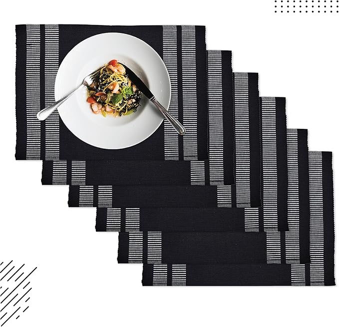 Encasa XO Dining Placemat Set of 6 | Solid Ladder Black Color | Fine Ribbed Cotton Table mat | Size 18x13 in |for Dining Table Fall Decoration, Holiday & Christmas Festivals - Machine Washable