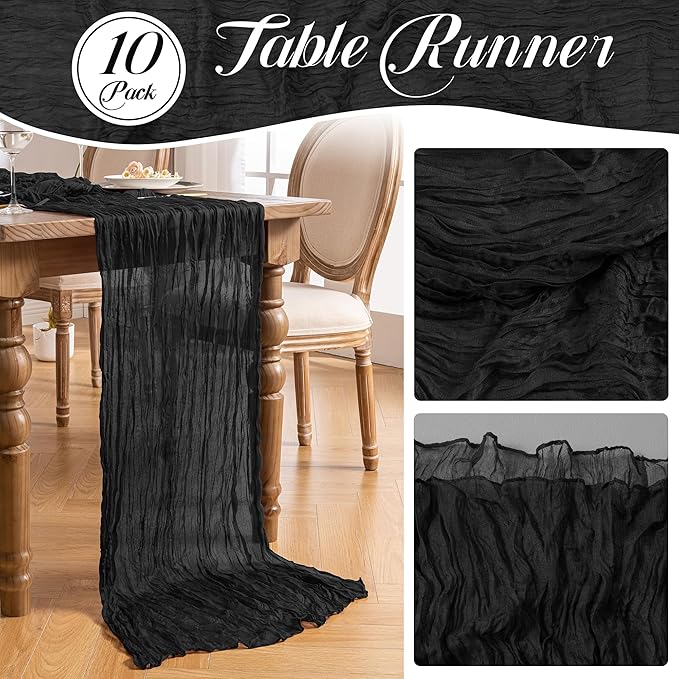 Leetaltree 10 Pack Black Cheesecloth Table Runner, 35x120 Inch Boho Rustic Cheese Cloth Table Runner, Decorative Table Runners for Bridal Baby Shower Decorations or Wedding Table Decorations