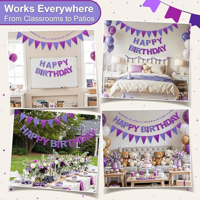 Pre-Strung Happy Birthday Banner & Felt Garland Set - Ombre Purple Birthday Decorations for Women Men Boys Girls | Reusable Party Supplies for Indoor & Outdoor