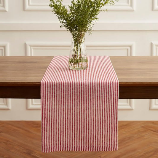 Solino Home Linen Table Runner 60 Inches - Narrow Stripe 100% Pure Linen Red and White Table Runner 14 x 60 Inch Ideal for Dresser and Coffee Tables - Christmas, Holiday, Winter, New Year