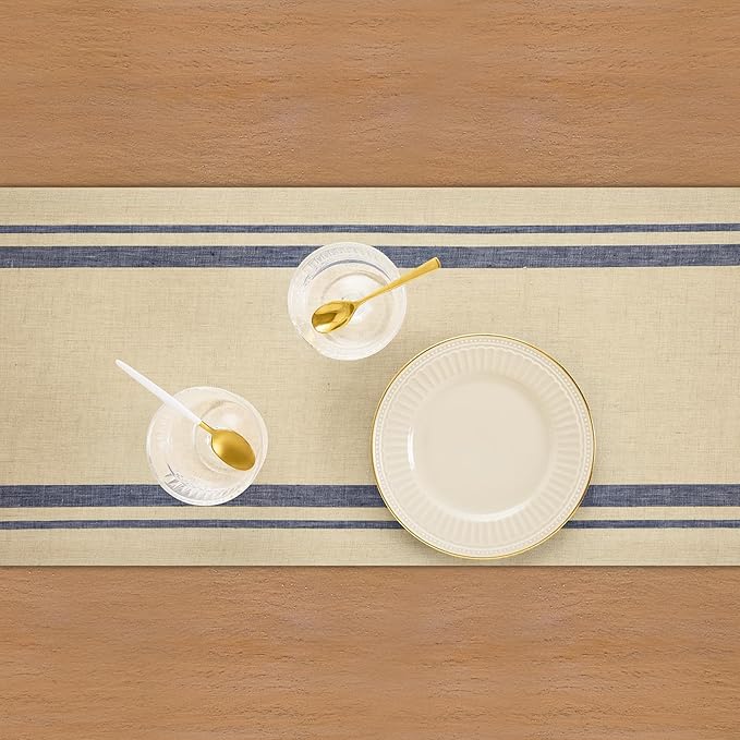 Solino Home Linen Table Runner 72 Inches Long - 100% Pure Linen Navy and Natural French Stripe Table Runner 14 x 72 Inch for Dining, Dresser