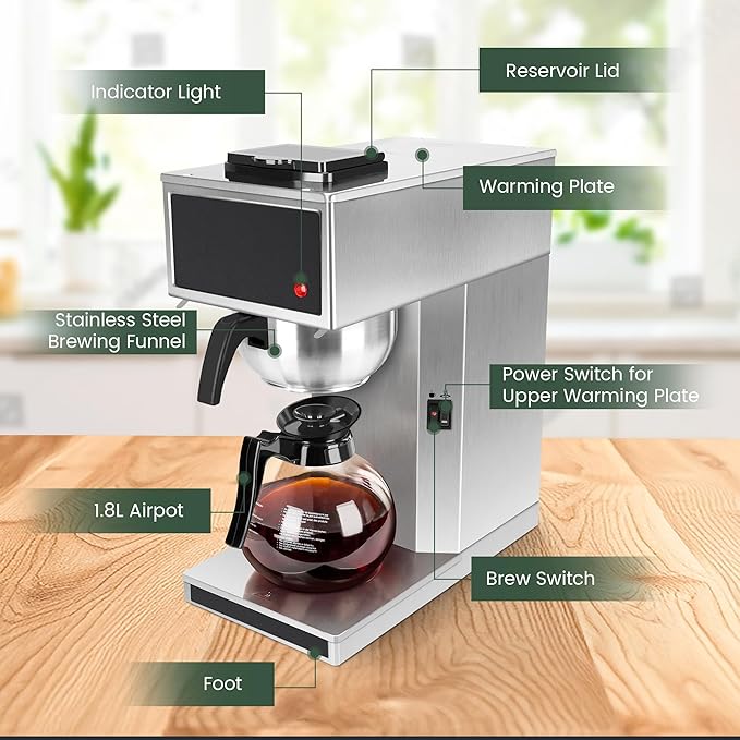 YUANHAO 12-Cup Pourover Commercial Coffee Maker Brewer with Glass Carafe and Warmers- 120V