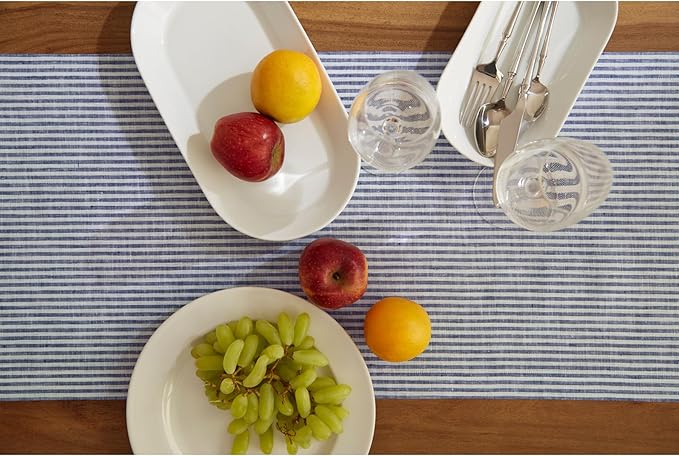 Solino Home Linen Table Runner 36 Inches - Narrow Stripe 100% Pure Linen Navy and White Table Runner 14 x 36 Inch Ideal for Dresser and Coffee Tables - Winter, Christmas, New Year