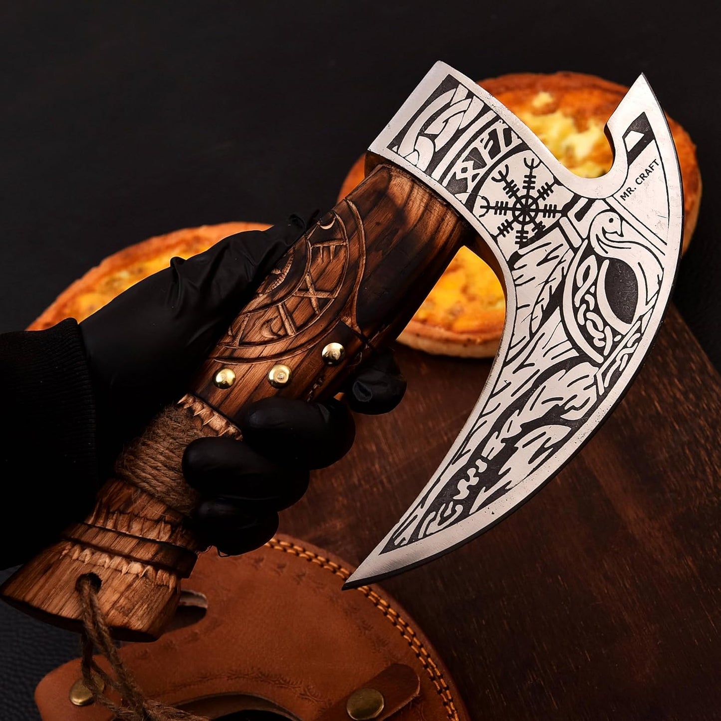 MR. CRAFT Pizza Cutter Axe Carbon Steel Slicer Chef Viking Axe with Leather Cover - Premium Pizza Oven Accessories Ulu Rocking Pizza Gifts for Men (Engraved Ash Wood)