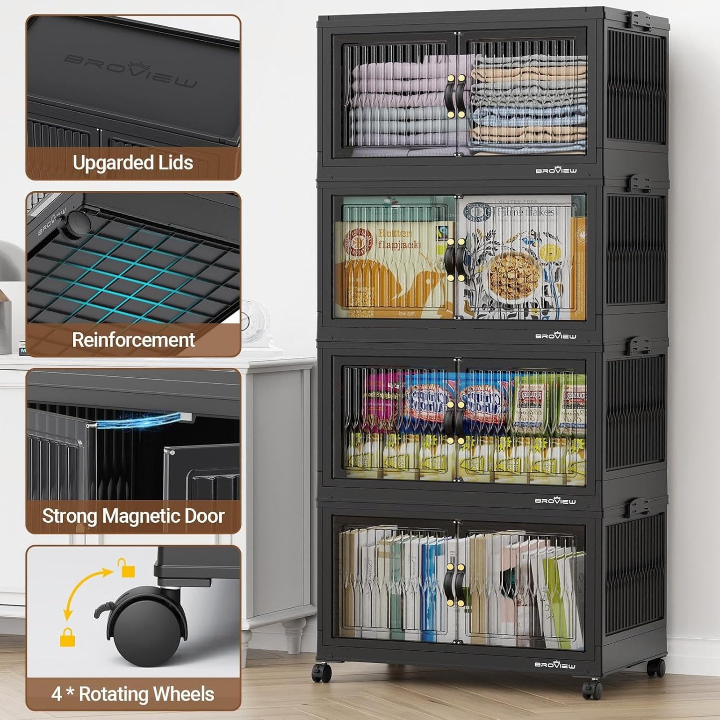 300Qt Stackable Storage Bins with Lid, Extra Large Closet Organizer Collapsible Drawer Boxes with Wheels, Folding Plastic Cabinet Containers for Home Kitchen Room Organization, 3Pack Black