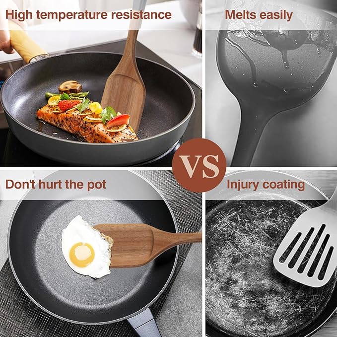 Wooden Spoons For Cooking, 6 PCS Natural Acacia Wooden Cooking Utensils, Smooth Grip Wood Cooking Spoons with Hanging Hole, Non-Stick Wooden Kitchen Utensil Set for Kitchen Essentials, Black