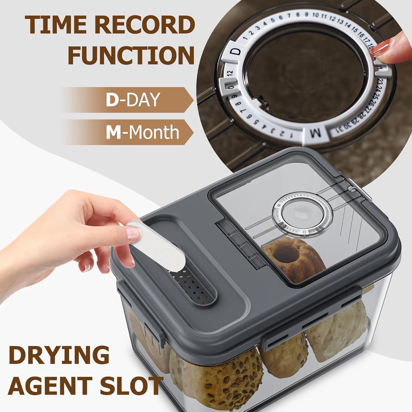 Bread Box, 10L Gray Airtight Braed Storage Container, Bread Box For Kitchen Countertop, Time Recording Bread Keeper with Lid, Flip-Top Bread Holder.